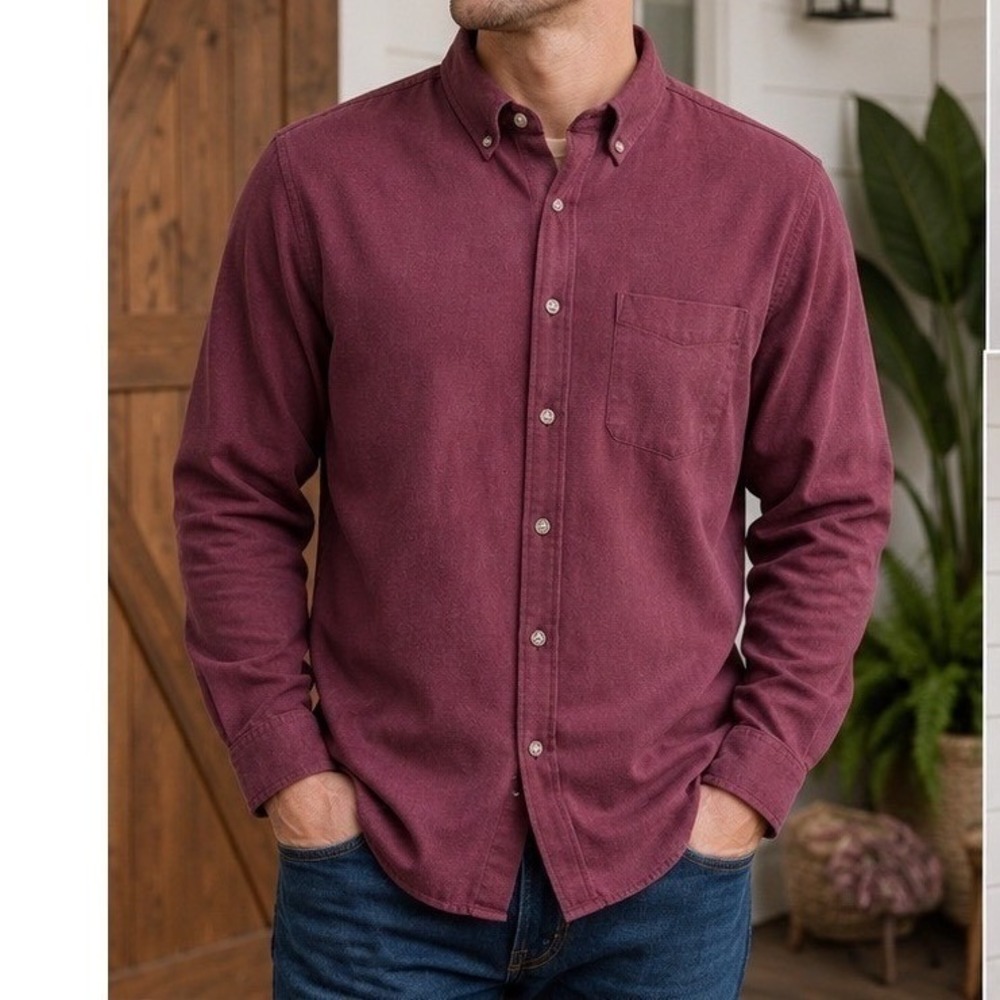 LL Bean Flannel Shirt Mens L Burgundy Good Condition Long Sleeve Cotton OWU88